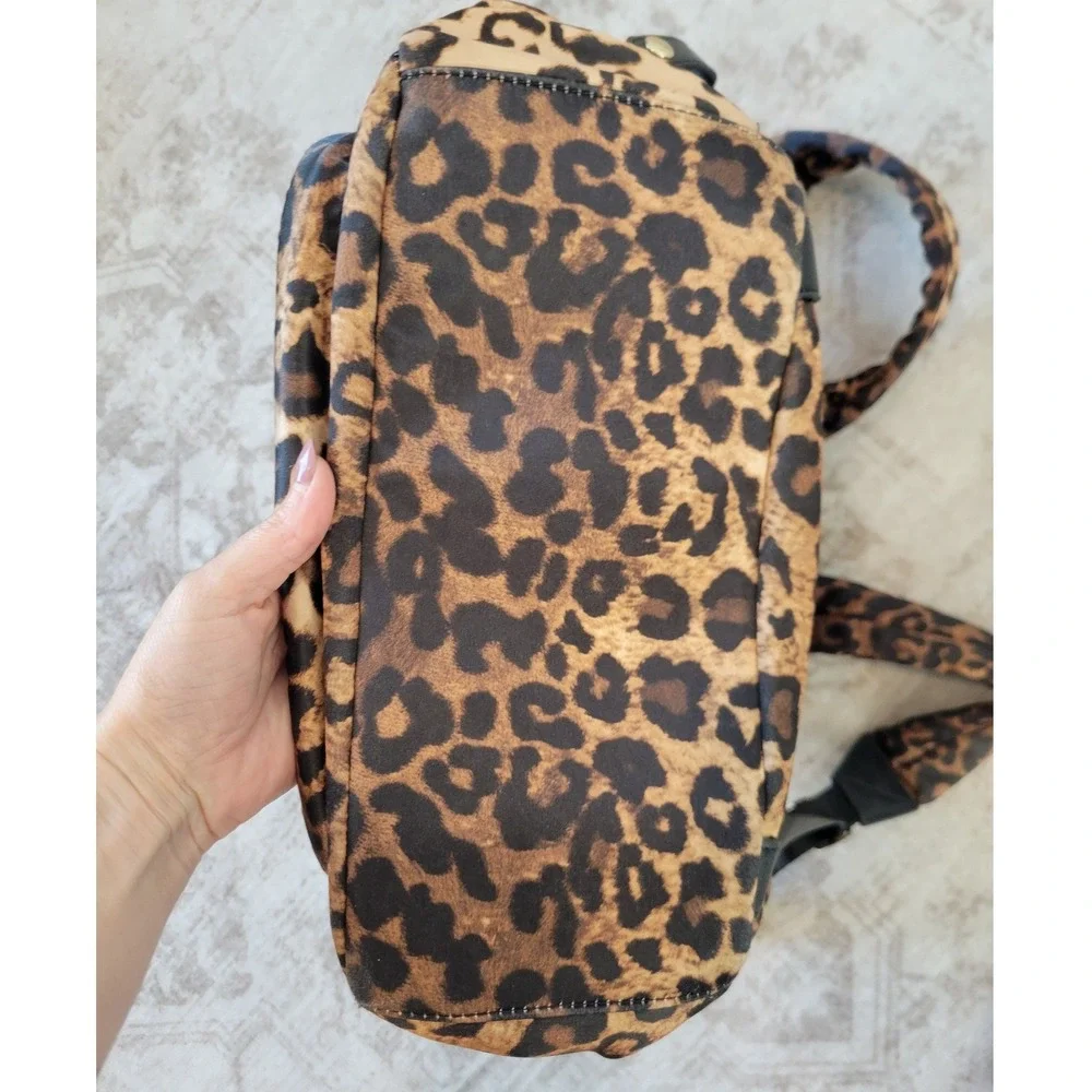 Adrienne Vittadini Leopard Print Nylon Backpack Travel Bag Gold Hardware